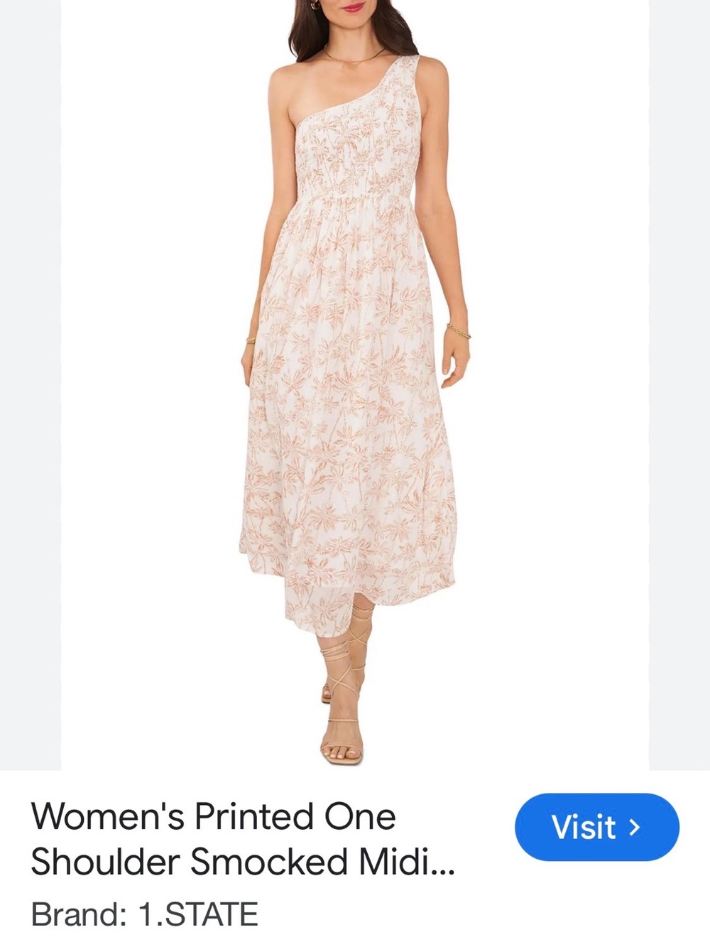 1. State Palm Tree Tropical  One-Shoulder Smocked Midi Dress in Blush Size S